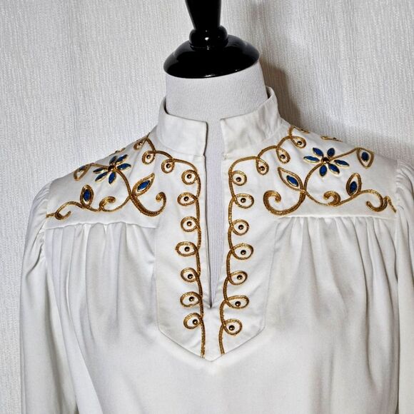 Vintage Caron Chicago Metallic Embroidery Stone Accents Pullover White Blouse - Picture 3 of 16